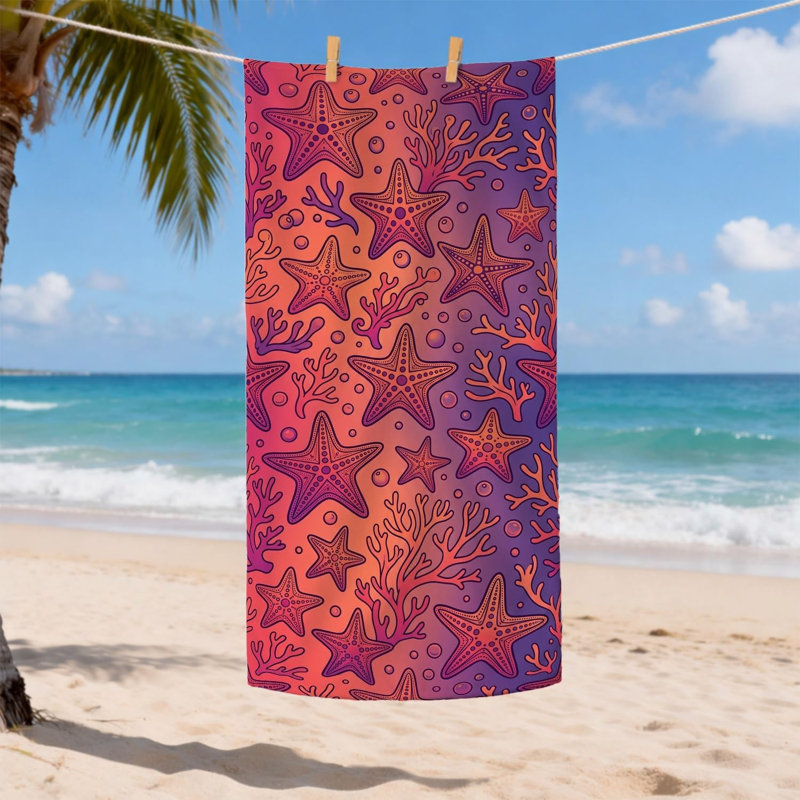 Starfish Coral Microfiber Beach Towel Peach Ocean Design, Quick Dry Soft Lightweight Sand Free Travel Blanket, Ideal for Vacation Pool Gym Outdoor Activities 50x60 Inch