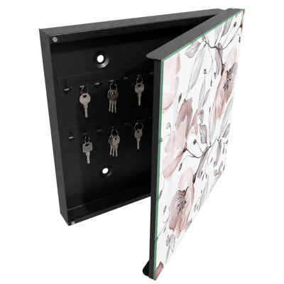 Key cabinet for wall, Opens to the right, 30x30x5, Black, Flowers and leaves in delicate pastels, 