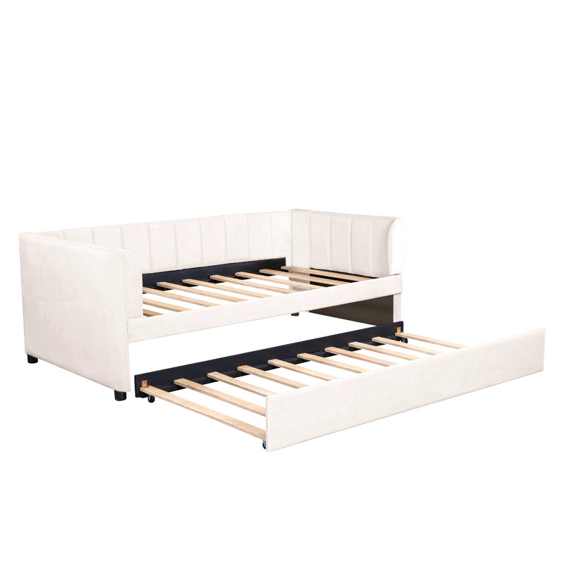 Twin Size Upholstered Daybed With Ergonomic Design Backrest And Trundle, Beige, Beige