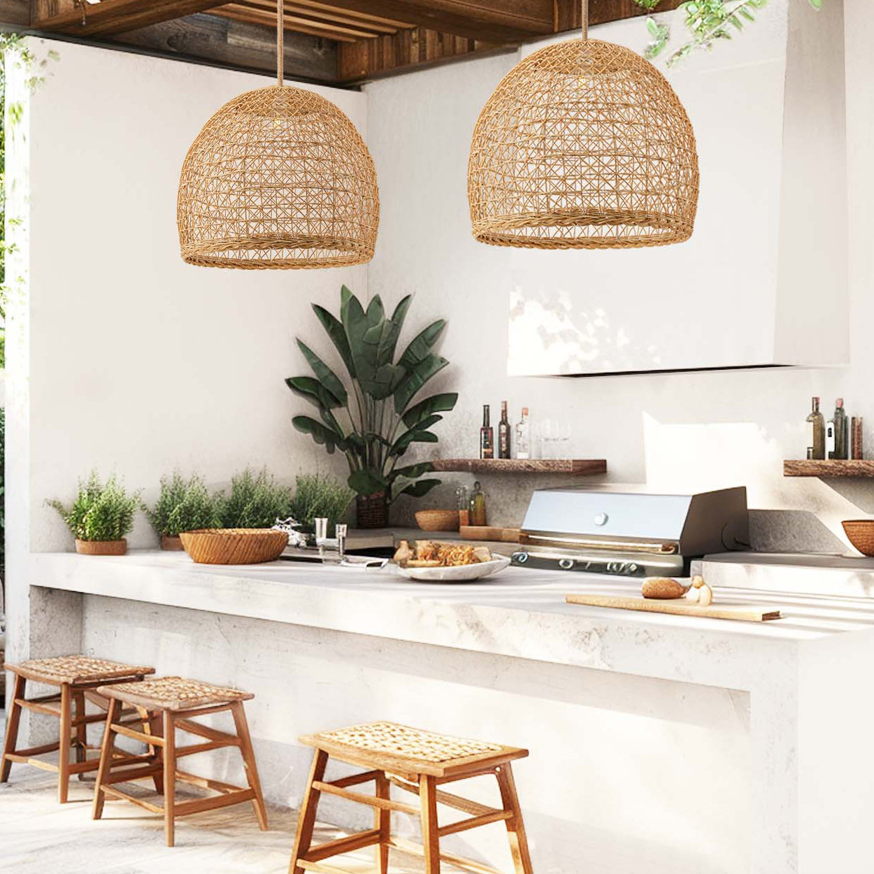 Outdoor Rattan Pendant Light, 16" H x 18" W x 18" D