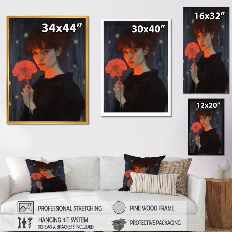 Portrait romantique d'une jeune femme tenant une fleur rose sur toile, H 40 po x l 30 po x P 1,5 po, Cadre flottant noir