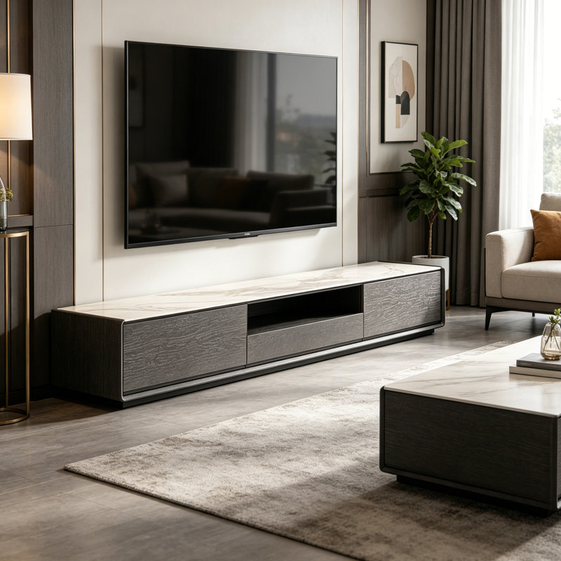 Meuble télé clair, 13.77"H x 78.74"L x 15.74"W, Marble White/Grey/Black