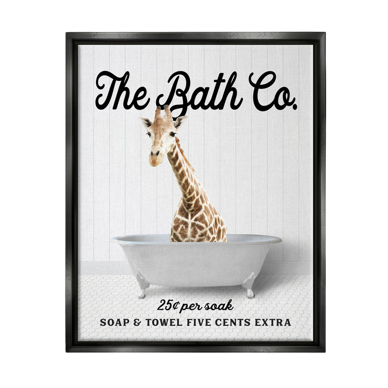 «Vintage Bath Ad Giraffe», art mural encadré sur toile flottante par lettré et doublé, Cadre flottant noir de jais