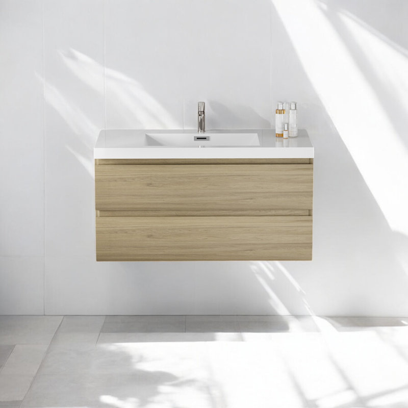 Meuble-lavabo mural simple 42 po avec plateau en résine Stone Carol-Ann, Chêne naturel
