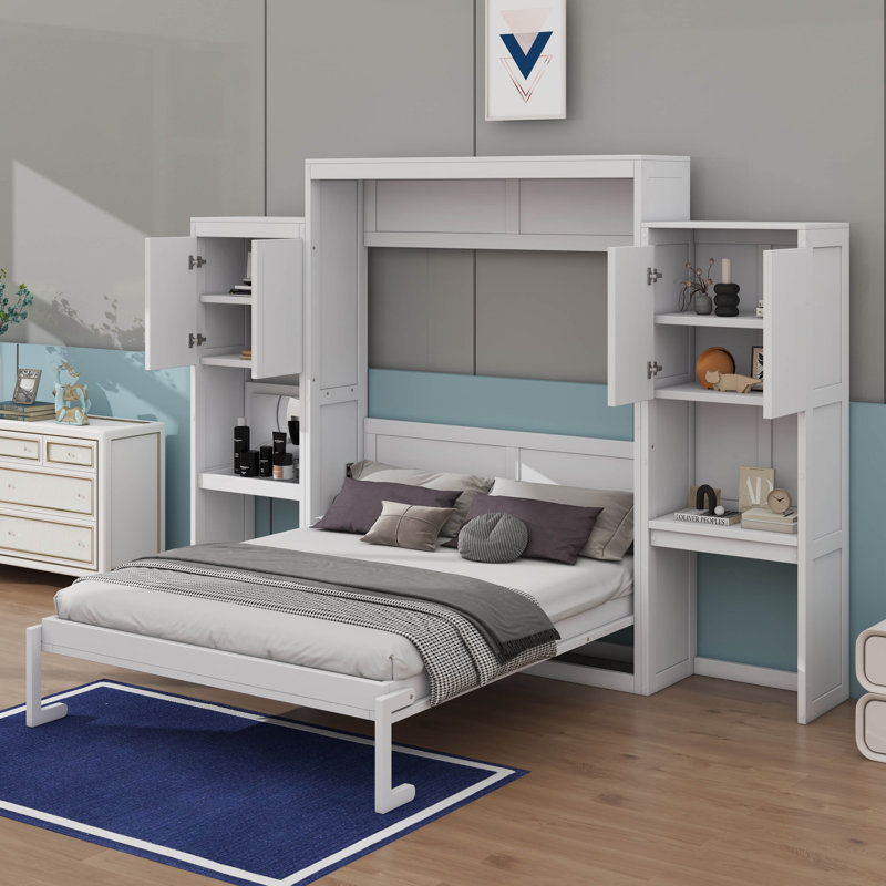 Grand lit mural avec coiffeuse et rangement, Blanc