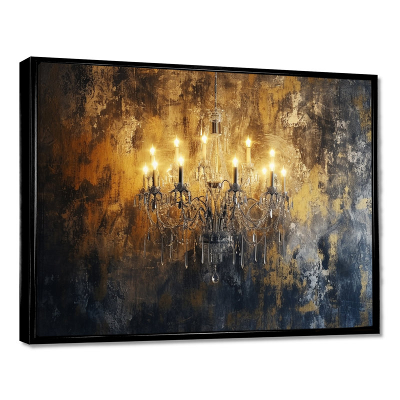 Lustre doré brillant à travers les ténèbres III, H 12 po x l 20 po x P 1 po, Toile avec cadre flottant noir