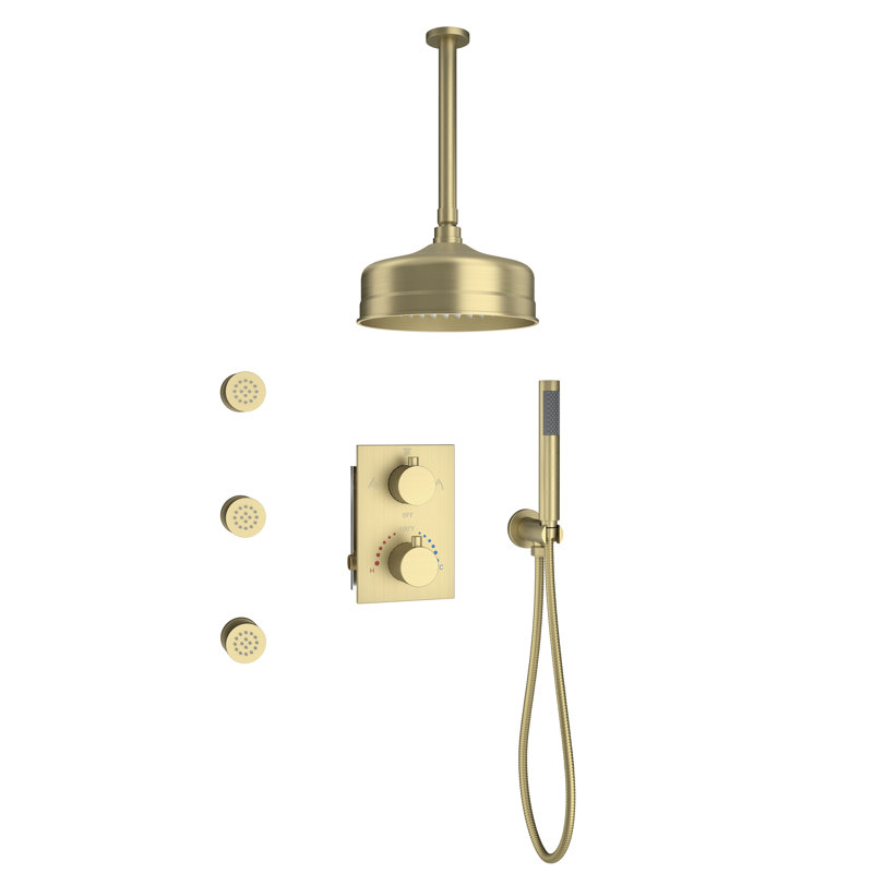 Système de douche thermostatique complet avec 3 jets de corps et jet manuel, Or brossé