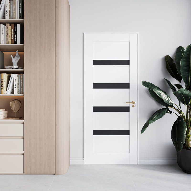 Porte intérieure prémontée à 4 panneaux en MDF à âme pleine, blanc, 32 po x 80 po, avec charnières et chambranle à montage rapide