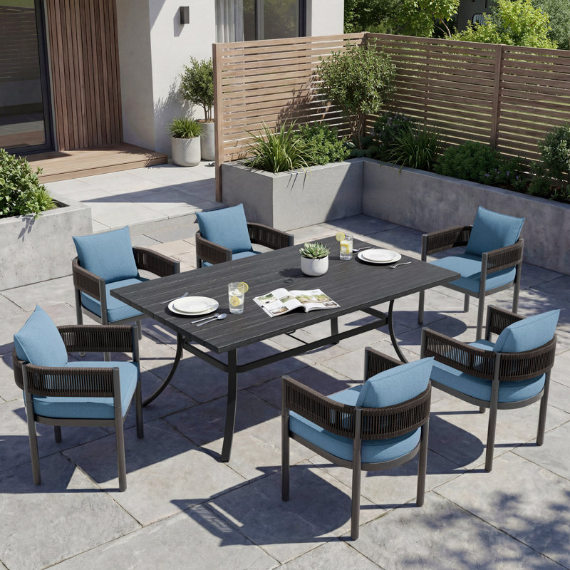 7-Piece Wicker Dining Set With Detachable All-Steel Frame Table, Dark Blue Cushion/Brown Frame