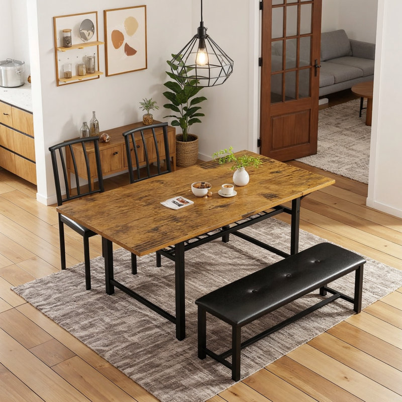 4-Piece Drop Leaf Dining Table Set For 3-6, 59" Extendable Kitchen Table Set With 1 Upholstered Bench & 2 Backrest Chairs, Modern Breakfast Dinette Table Set With Drop Leaf For Small Space