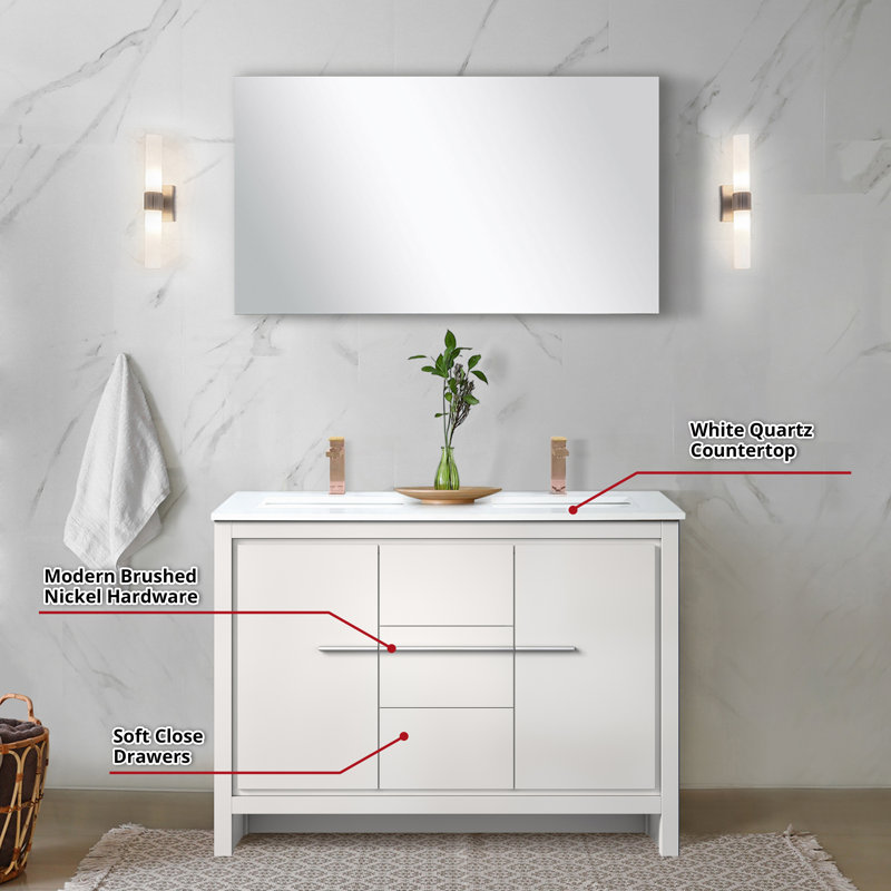 Lafarre 48 in W x 20 in D Double Bath Vanity Mirror & Faucet Set, White, White Quartz