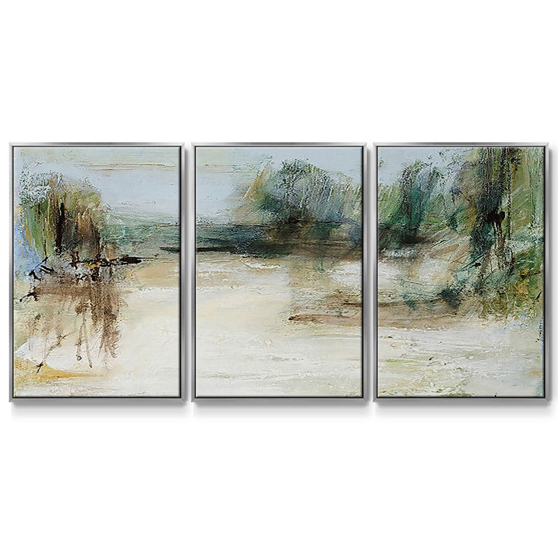 Wintery Horizon III, peinture sur toile 3 pièces, H 40 po x l 78 po, Encadrement argenté