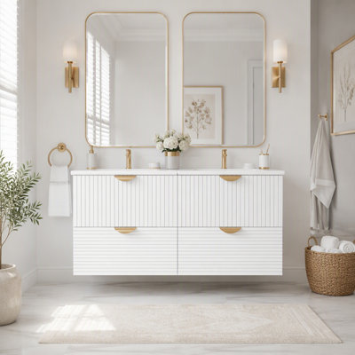 Meuble-lavabo double mural moderne avec lavabos en céramique et quatre tiroirs de rangement pour salles de bains compactes