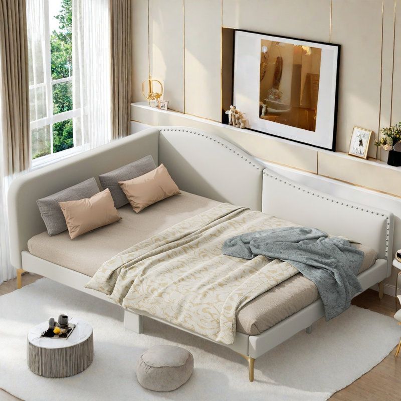 Lit de jour rembourré avec tête de lit et accoudoirs, Beige, Complet/Double