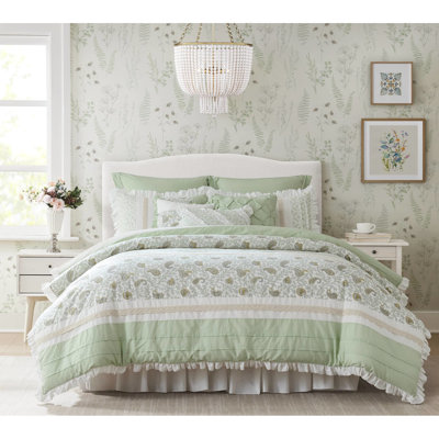 King 9 Piece Cotton Comforter . Sage . Exquisite Floral . Contains Comforter, Shams, Euro Bed Skirt, And 3 Decorative Pillows. All Season Comfort. Fabric Hue. With 2 Skirt & Use. Stylish. Easy To Wash