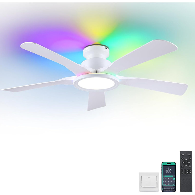 52" Flush Mount Ceiling Fan With Rgb Ring Light, White, White