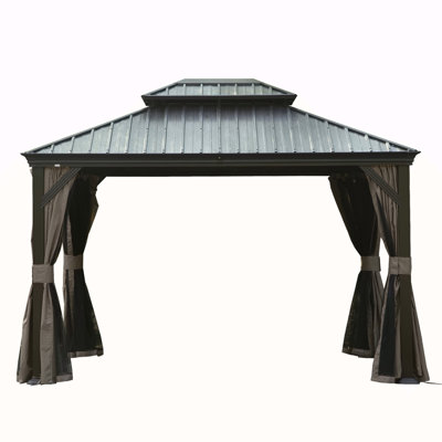 Pavillon de jardin à toit rigide 10 pi x 12 pi, pavillon en métal amélioré avec système de drainage, toit en acier galvanisé à double couche, rideau et filet, auvent d'abri extérieur pour patio, jardin et cour arrière