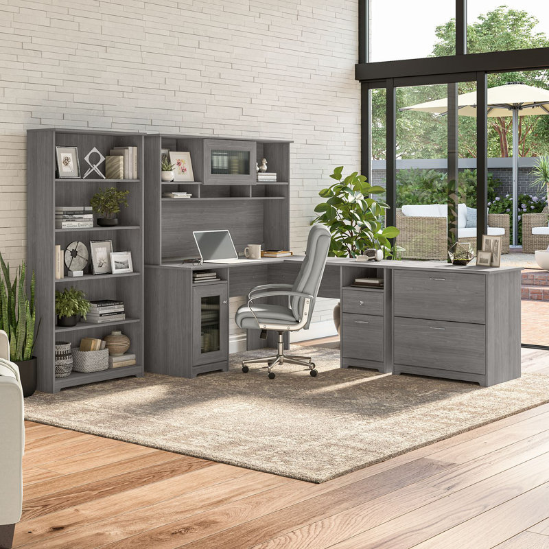 Shelonda 4 Piece Computer Desk Office Set, Modern Gray