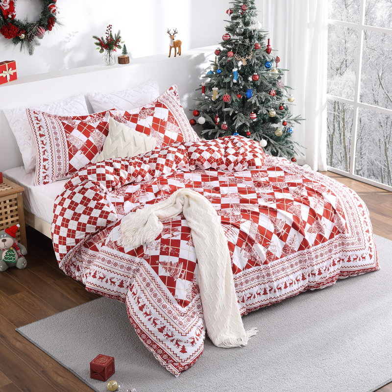 Ensemble de literie pour lit de Noël très grand imprimé 2 pièces Christmas, rouge et blanc