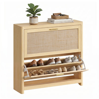 Armoire de rangement à chaussures 16 paires avec 2 tiroirs rabattables, armoire à chaussures d'entrée avec tiroirs en rotin Gwendolen