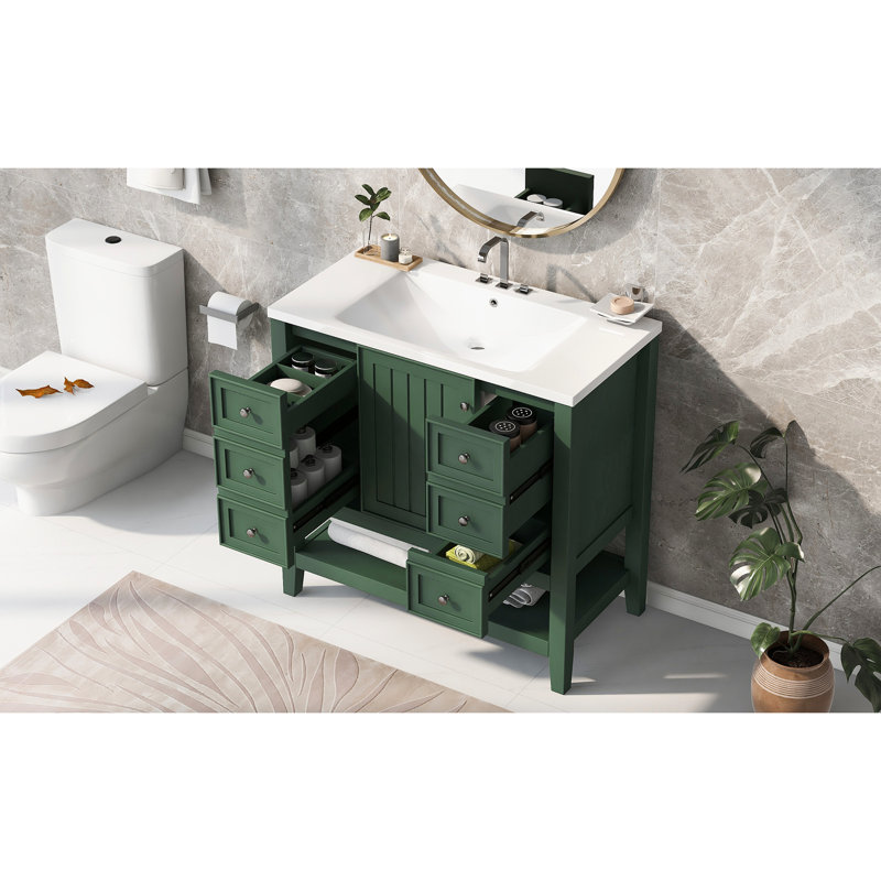 Meuble-lavabo de 36 po en blanc avec lavabo en bois massif et céramique, une armoire, trois tiroirs, finition peinte, autoportant, assemblage sous le comptoir requis, couleur blanche, abattant en peuplier / caoutchouc
