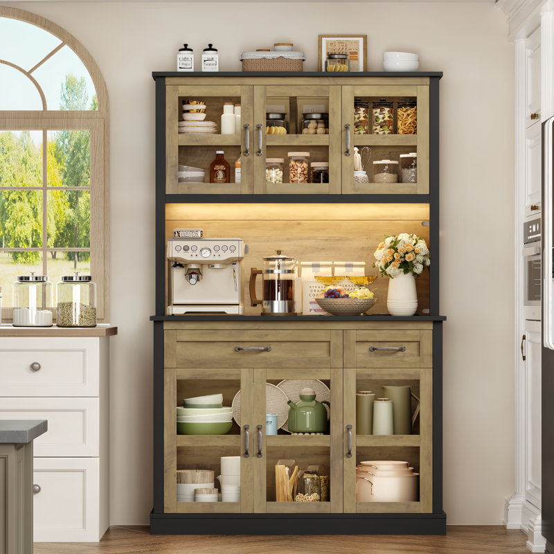 71''H LED Pantry with Charging Ports, Black/Brown