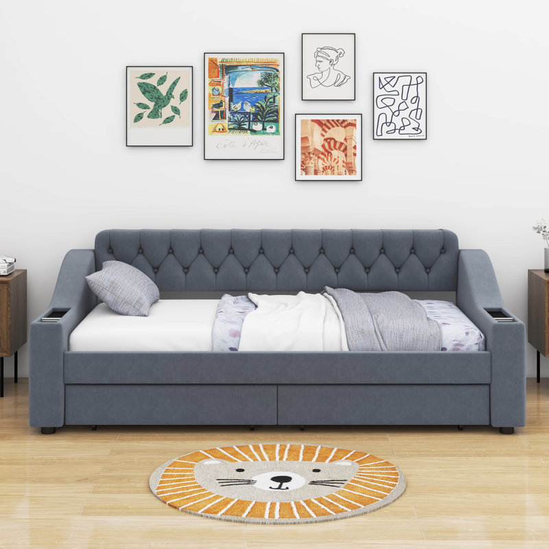 Jashan Twin Size Upholstered Daybed with Storage Armrests and USB Port, Grey