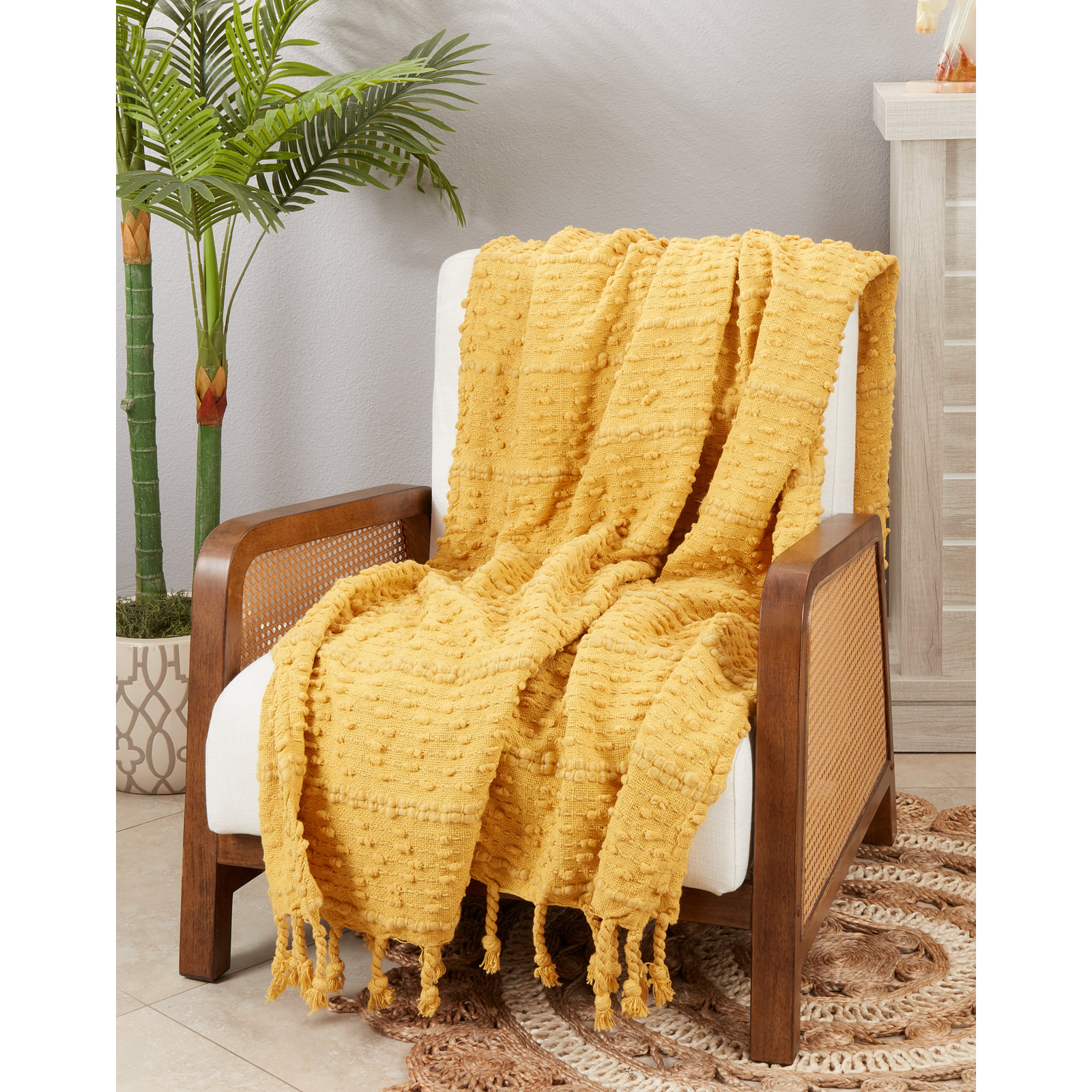 Cotton Blend Hand Woven Throw Blanket, Mustard