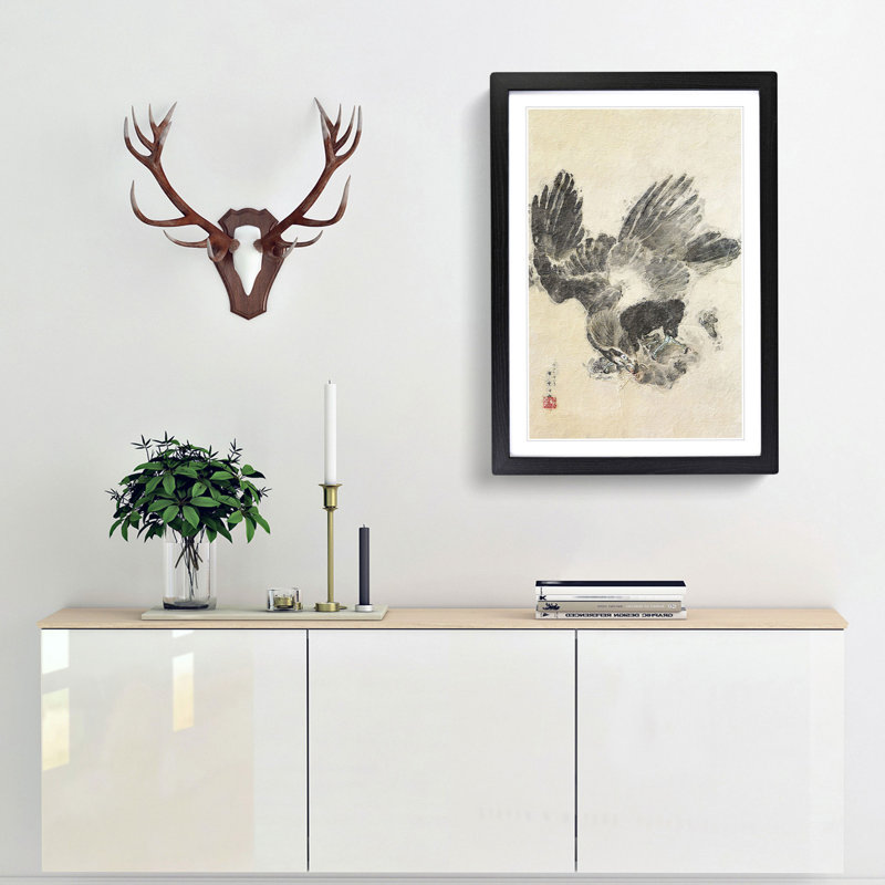 Eagle Attacking a Monkey by Kawanabe Kyosai - Picture Frame Painting Print, Black Framed, 65cm H x 48cm W x 2cm D