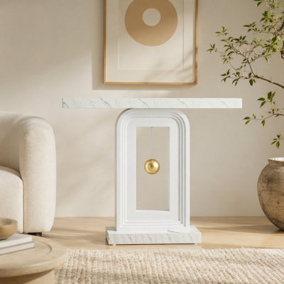 Modern Console Table with Geometric Base, 40 inch Narrow Sofa Entryway Table with Gold Decor, Contemporary Wood Accent Table for Living Room Entryway