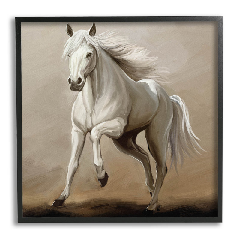 Cheval au galop, étalon blanc, estampe numérique par Ziwei Li, H 17 po x l 17 po x P 1,5 po, Giclée encadrée noir minuit