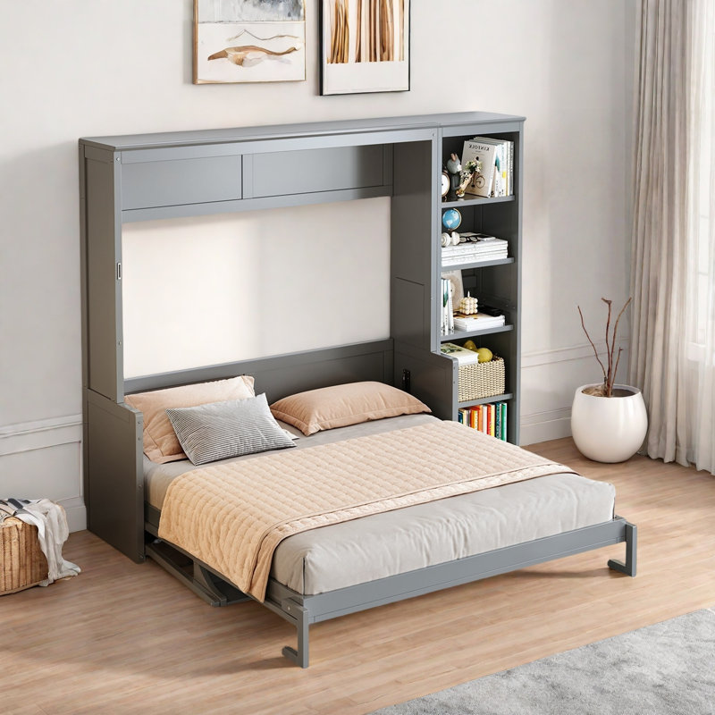 Lit escamotable avec bureau et tablettes Murphy, Gris, Grand lit