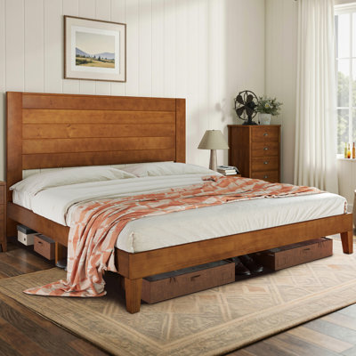 Bilal Queen Size Solid Wood Platform Bed Frame With 48.6'' Headboard,Yellow