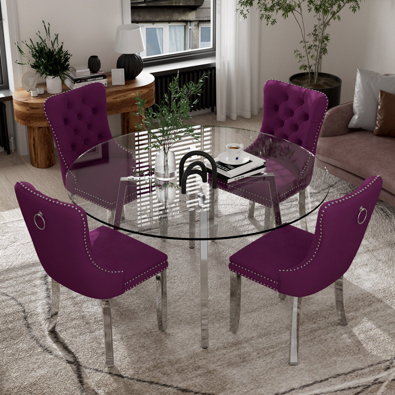 5-Piece Round Glass Dining Table Set, 29.5"H x 47"L x 47"W, Purple, Silver