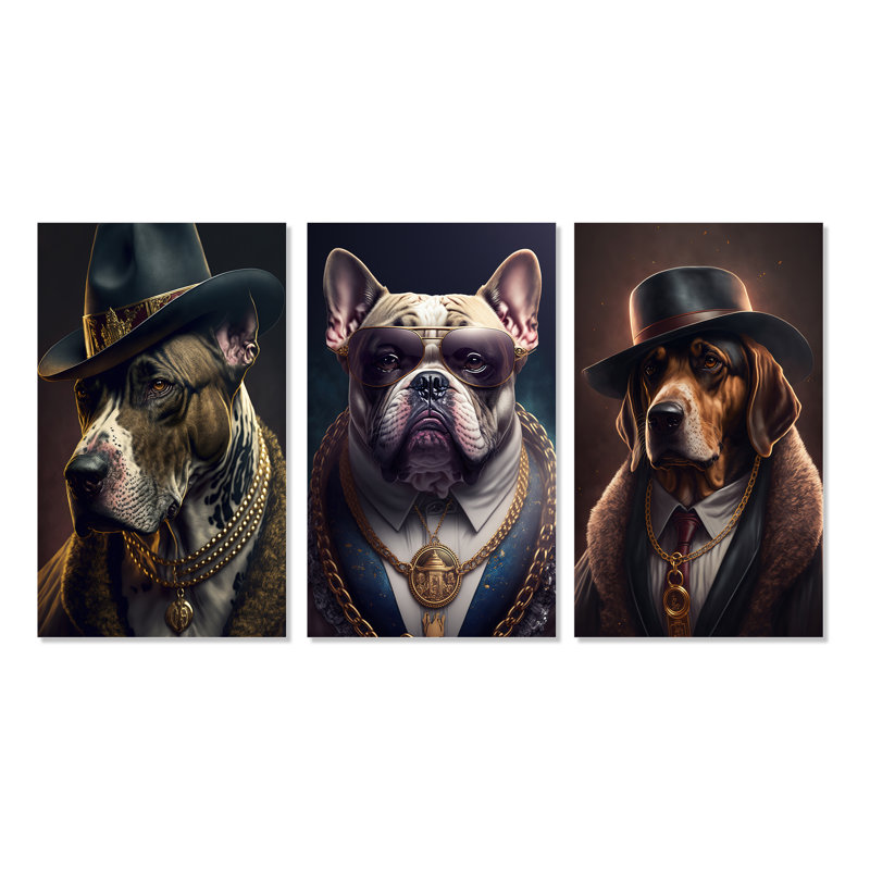 Mafia Pitbull and Frenchie - ensemble de 3 reproductions, H 40 po x l 60 po, Toile tendue