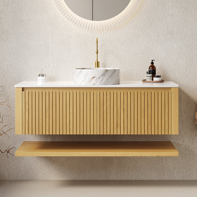 Hizon 48" Striped Solid Wood Bathroom Vanity With Vessel Sink, Modern Wall-Mounted Floating Plywood Bathroom Storage Cabinet With Two Drawers And One Open Shelf, White Sintered Stone Countertop And White Round Ceramic Basin, Pre-Assembled, Corolla Oak