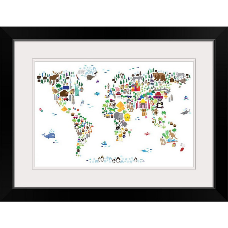 « animal map of the world », impression, Cadre noir, H 20 po x l 26 po x P 1 po