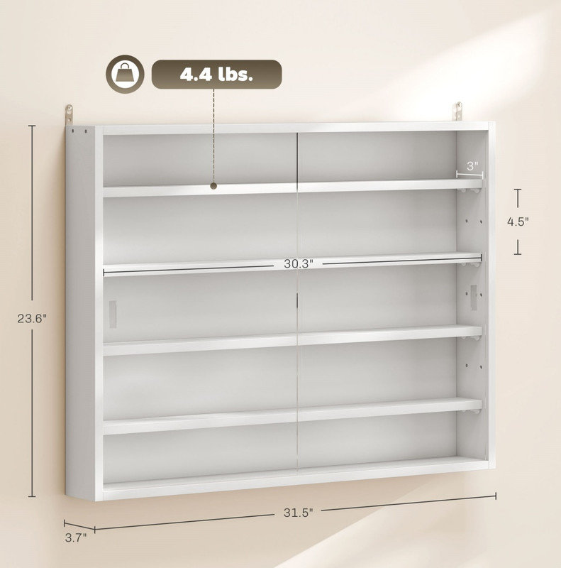 Vitrine murale, vitrine à 5 niveaux avec 2 portes en verre et tablettes réglables, Satin
