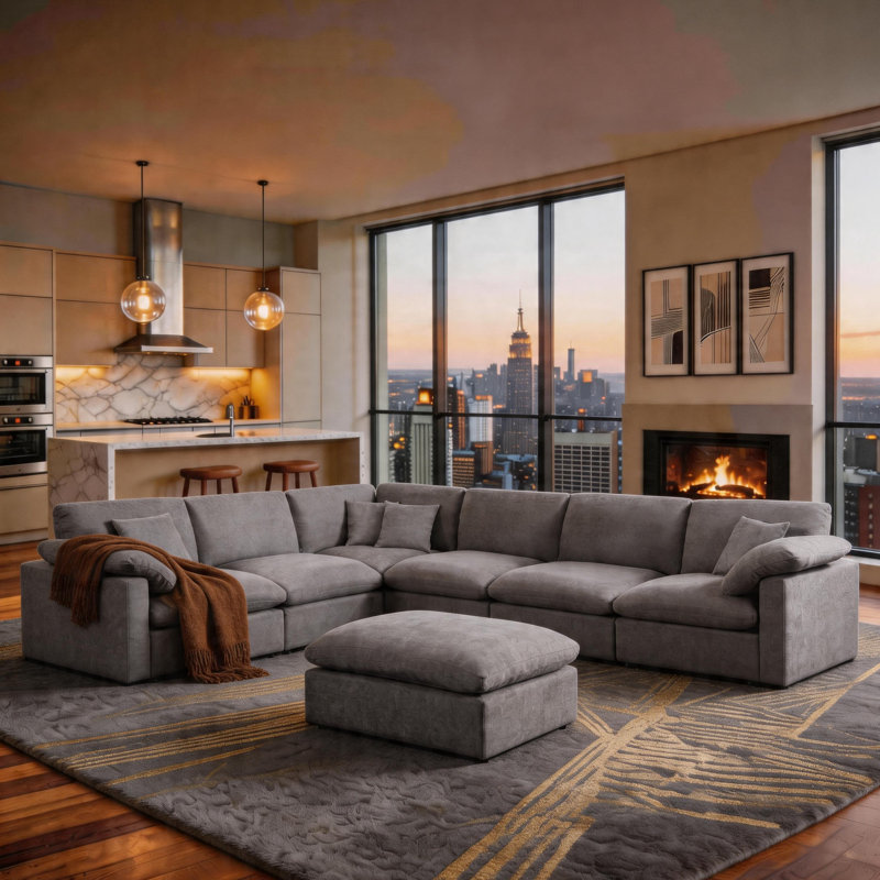 7-Piece Chenille Cloud Sectional Couches, Oversized Corner Sectional Sofa, Light Gray, 144" W x 110" D x 34.5"H, Light Gray