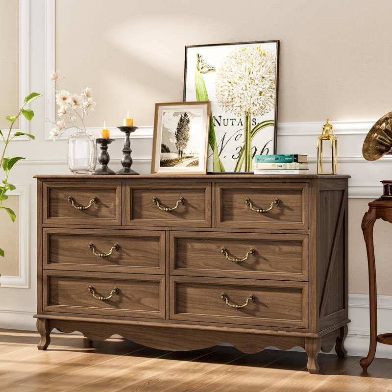 54"W Farmhouse 7 Wide Drawer Dresser, Bedroom Chest of Drawers With Anti-Tip Design, Walnut