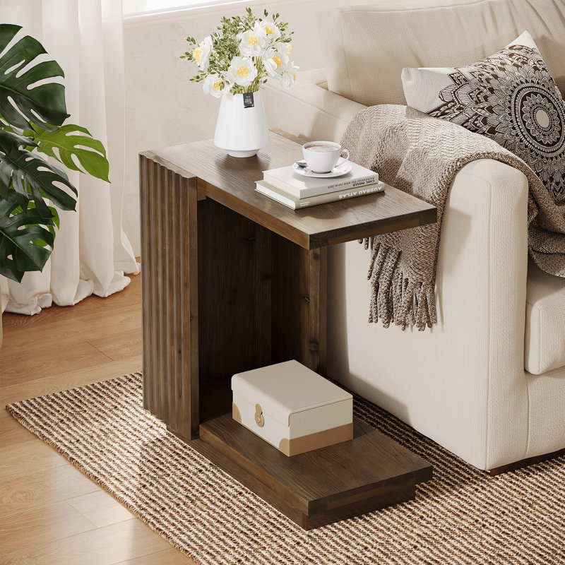 Table de bout en bois massif, table d'appoint en forme de C pour canapé, lit, Marron clair