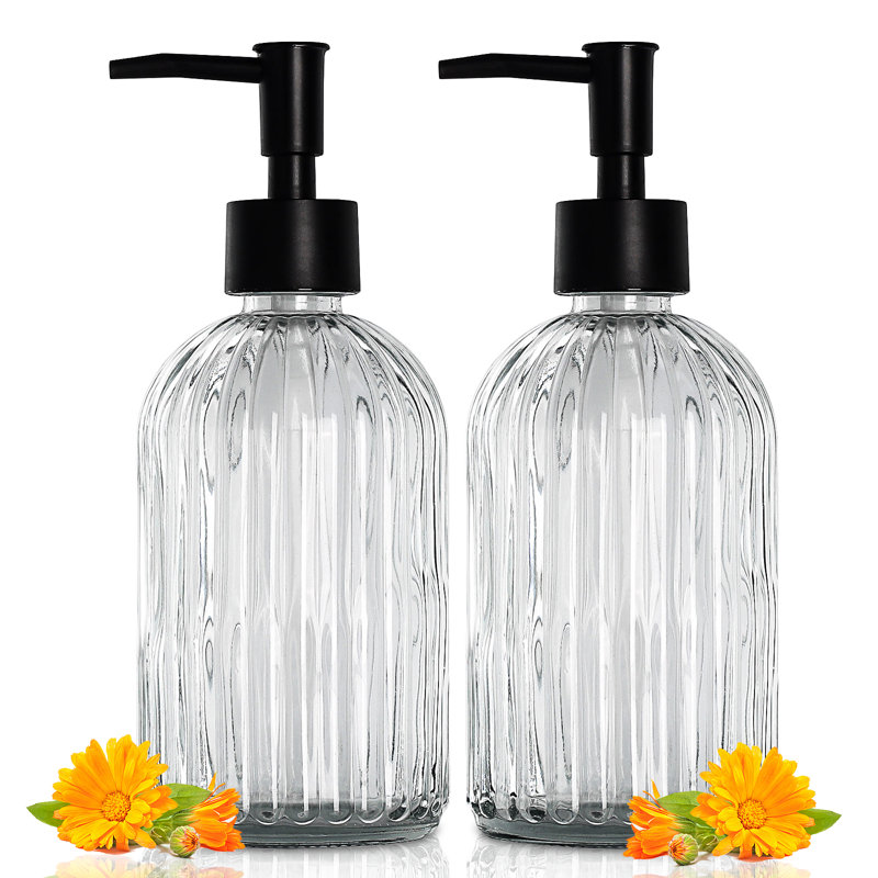 Ensemble de 2 distributeurs de savon en verre avec pompe, distributeurs de savon rechargeables 13,5 oz avec rayures verticales pour le lavage à la main et le lavage de la vaisselle, distributeur de savon de salle de bain élégant pour liquide vaisselle, lotion