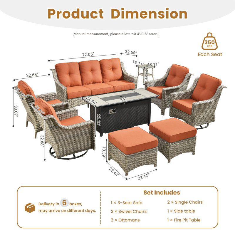 9 Pieces Patio Furniture Set With 53" Fire Pit Table, Outdoor Wicker Swivel Rocking Chairs With Comfy Cushions, All-weather High Back Sofa Couch Set For Backyard Or Lawn