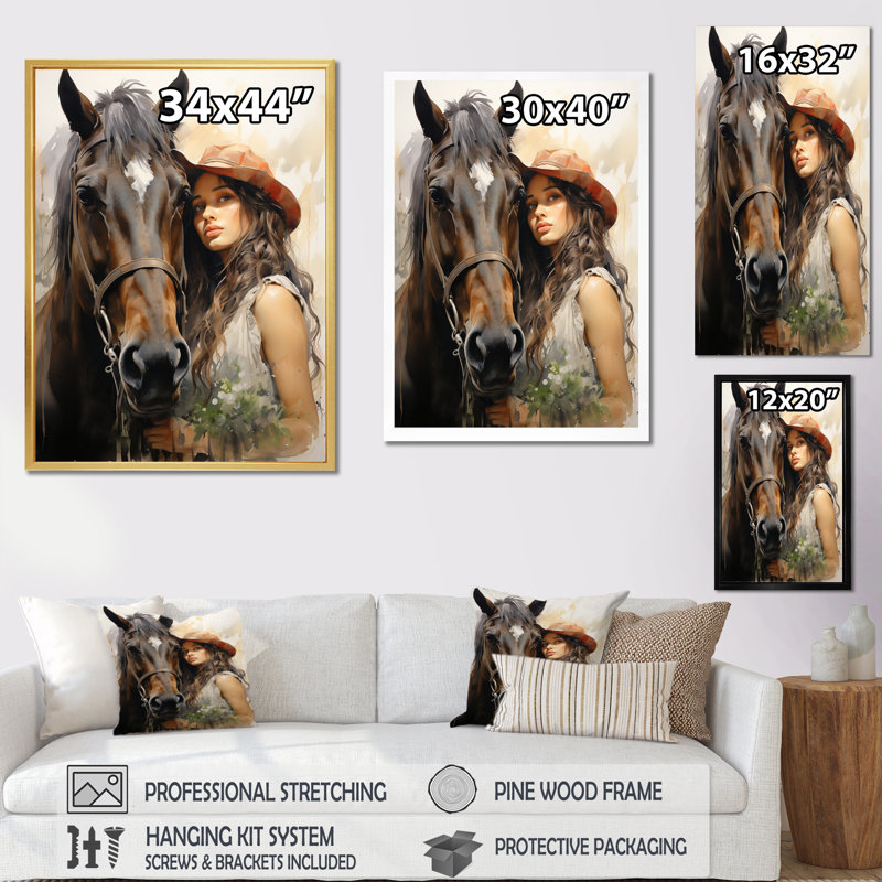 Asen Cowgirl and Horse Bond sur toile, H 20 po x l 12 po x P 1 po, Cadre flottant doré