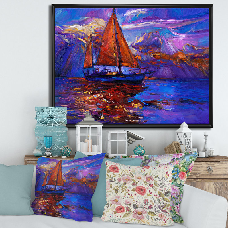 Voilier rouge sur un coucher de soleil mauve - peinture sur toile, H 12 po x l 20 po x p 1 po, Cadre flottant noir