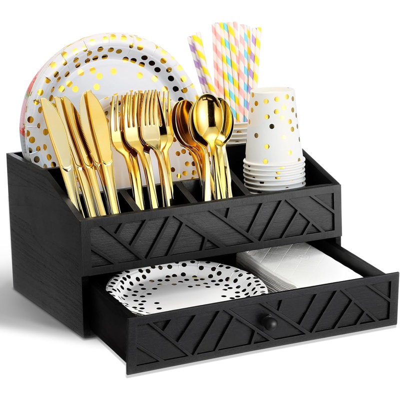 Distributeur d'assiettes en papier, porte-assiettes en bois rustique pour comptoir avec tiroir porte-ustensiles Silverware, organisateur de couverts pour les cuillères