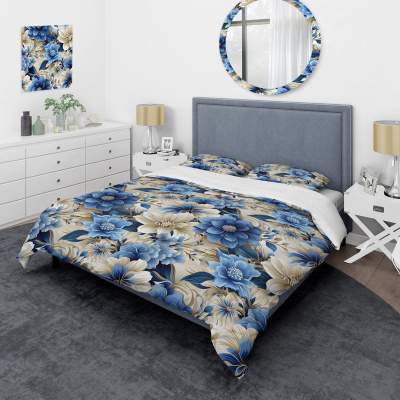 Fleurs bleues et blanches Harmony I - Ensemble de housse de couette floral - Polyester microfibre