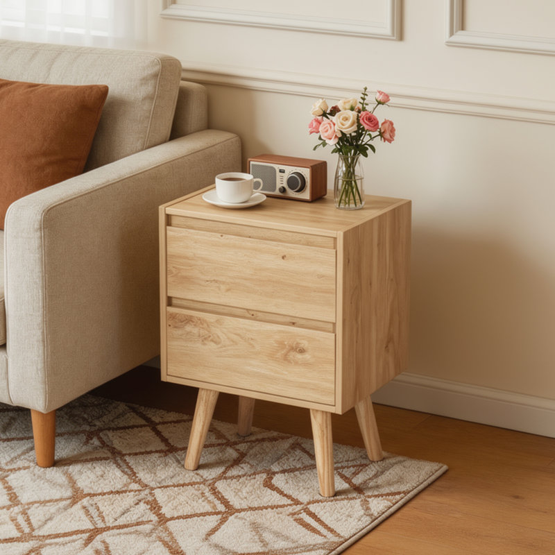 Table de chevet cannelée 15 tiroirs l 15,8 po avec pieds en bois massif, Brown
