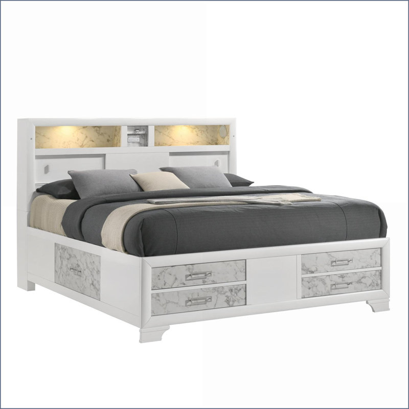 Lit double en bois manufacturé avec éclairage intégré, USB-C et amp; Bluetooth - Chambre blanche moderne