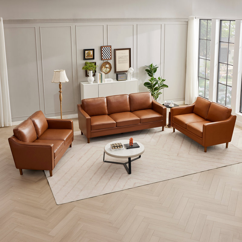Ensemble de salon en similicuir 3 pièces Azriah, Marron foncé